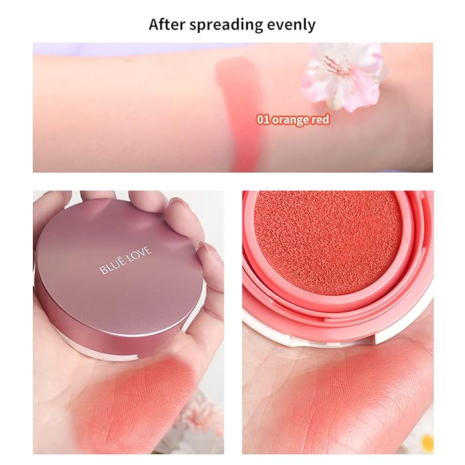 BLUE LOVE Cushion Liquid Blush - Silky Cheek Tint with Mirror, Natural Enhancer for a Radiant Finish, Contours & Highlights for Effortless Elegant (01 Pink Orange)