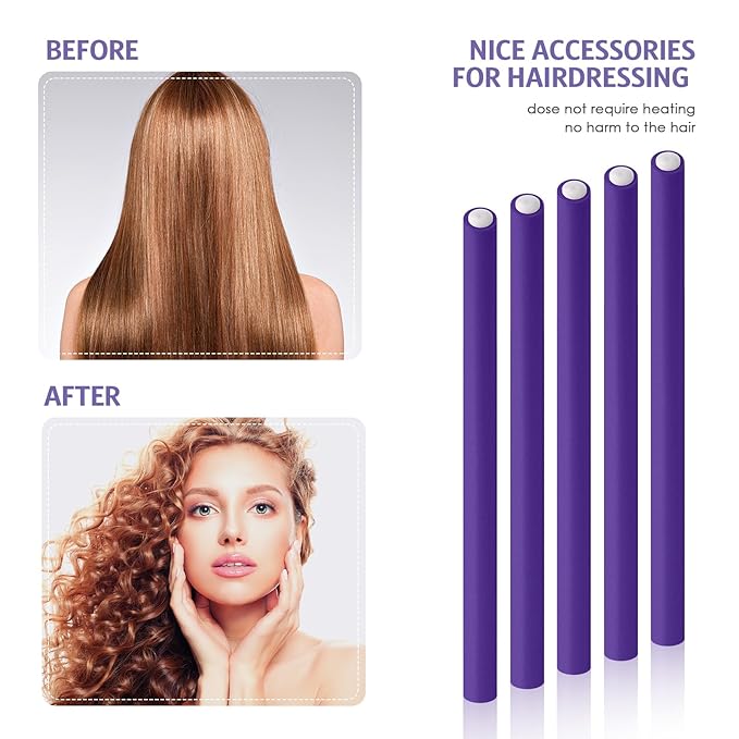 Syhood 30 Pcs 7'' Flexible Curling Rods Twist Foam Hair Rollers Soft Foam No Heat Hair Rods Rollers and 1 Steel Pintail Comb Rat Tail Comb for Women Long Short Hair(Purple,7 x 0.39 Inch)
