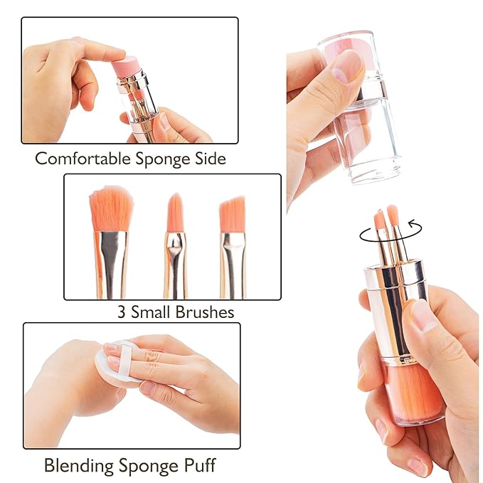 kullder 5-in-1 Makeup Brush Travel Makeup Brush set Dual Ended Mini Makeup Brush Pen Foundation Powder Concealer Shadow Blush Makeup Brushes with 2 Sponge Puff Womens Gift Idea for Beauty Lover