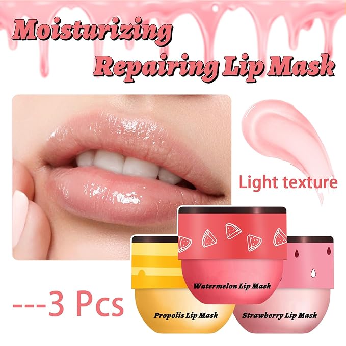 3 PCS Bee Lip Balm Honey Pot, Honey & Strawberry & Watermelon Lip Mask Overnight Propolis Moisturizing Lip Balm Hydrating Prevention Dry and Crack Lip Scrubs Exfoliator Lip Wrinkle Care (Set B)