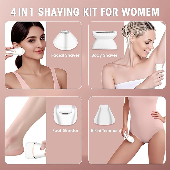 Electric Shavers for Women, 4 in 1 Hair Removal Kit with Epilator Bikini Trimmer Face Razor Body Brush Face Massager Foot Callus Remover, IPX7 Waterproof Lady Razors Set for Legs Armpit Bikini Pubic
