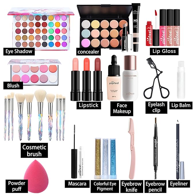 All in One Makeup Kit For Beginners Full Kit, Full Makeup Kit For Teen Girls, Makeup Gift Set, Include Eyeshadows, Concealer, Cosmetic brush, Lip Gloss, Lipstick, Powder puff, Mascara -007