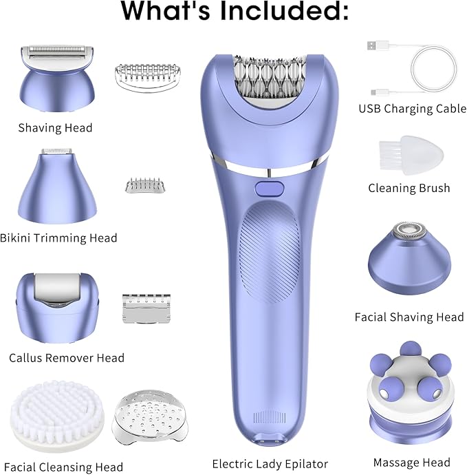Epilator for Women, 7 in 1 Hair Removal for Women, Body Shaver, Bikini Trimmer, Face Razor, Facial Brush, Face Massage, Foot Callus Remover, IPX7 Waterproof Electric Shavers, Ideal Female Gift
