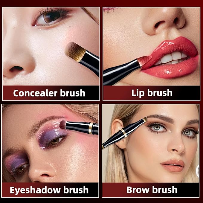 Unaone 4 in 1 Makeup Brush - Travel Lip Brush Eyebrow Brush Eyeshadow Brush Concealer Brush, Portable Multi-function Makeup Brushes