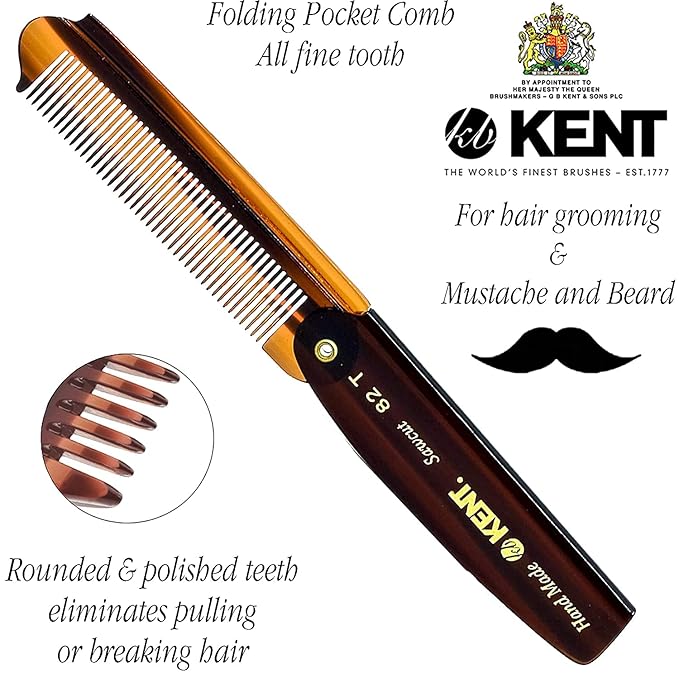 Kent 82T Handmade Folding Pocket Comb for Men, Fine Tooth Hair Comb Straightener for Everyday Grooming Styling Hair, Beard or Mustache, Use Dry or with Balms, Saw Cut Hand Polished, Made in England