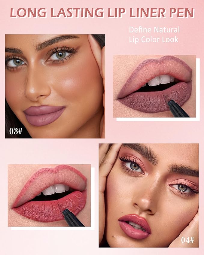 Lip Stain Marker Pen,2 Colors Brown Pink Lip Liner Pencil,Matte Lip Tint Stain Liquid Lipstick,Longlasting Waterproof Precise Chisel Tip Smooth Lipliner,Natural Lip Color Makeup Gift for Women-03+04