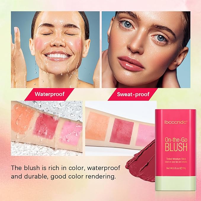 Multi-Use Makeup Blush Stick, 3-in-1 Cream Blush Stick Beauty Tinted Solid Blush Stick for Cheek/Eyes/Lips, Waterproof Moisturizer Stick, Suitable for All Skin (02# Hot Red)