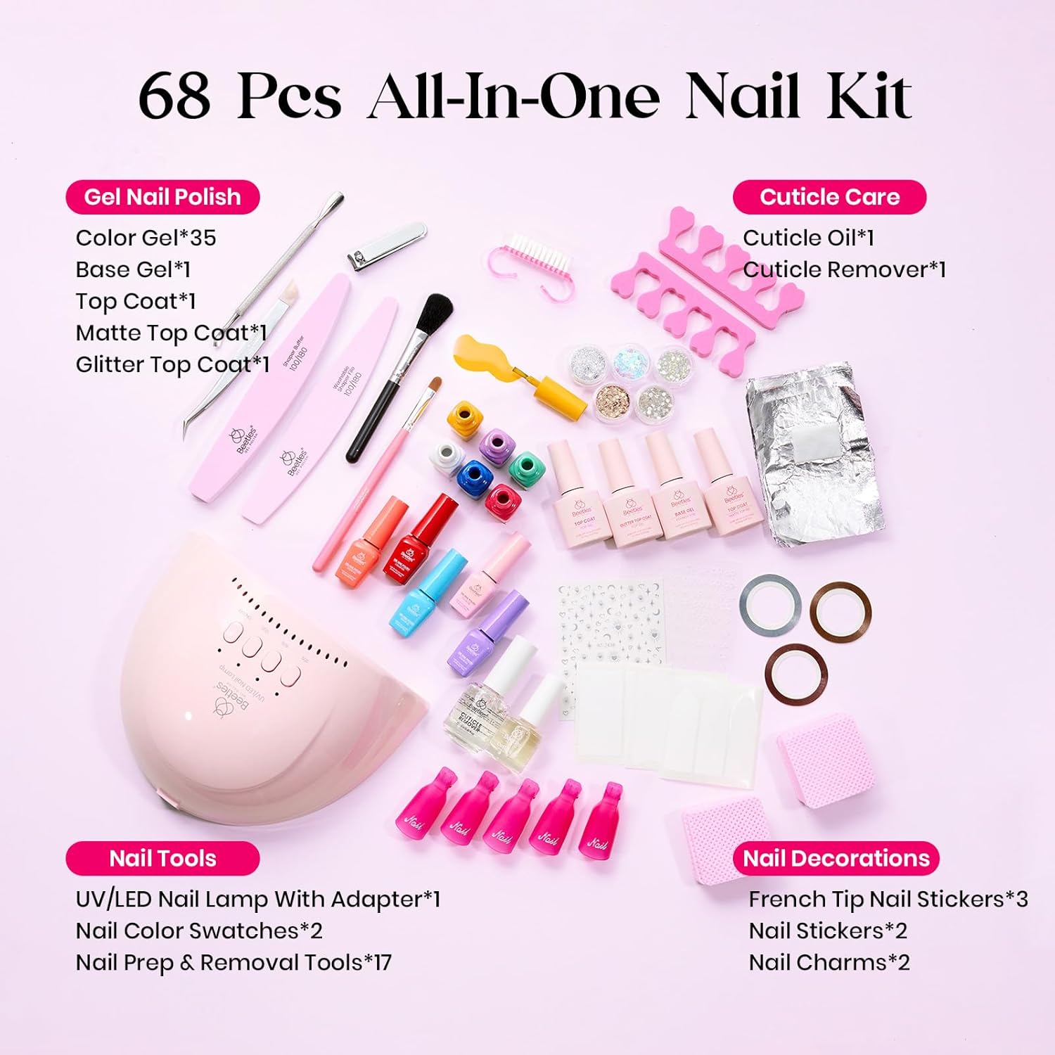 Beetles Gel Nail Polish Kit with U V Light - One Color One Bottle 35 Colors Mood Mosaic Collection Nail Polish Kit 68 Pcs Gifts for Women Girls with Top Base Coat Beauty Must Have DIY Salon Set