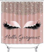 4PCS Hello Gorgeous Shower Curtain Sets with Rugs, Rose Gold Glitter Bling Glam Makeup Diamond Unicorn Eyelash Bathroom Decor, Waterproof Fabric Pink Shower Curtain Girly Gifts for Girls Women
