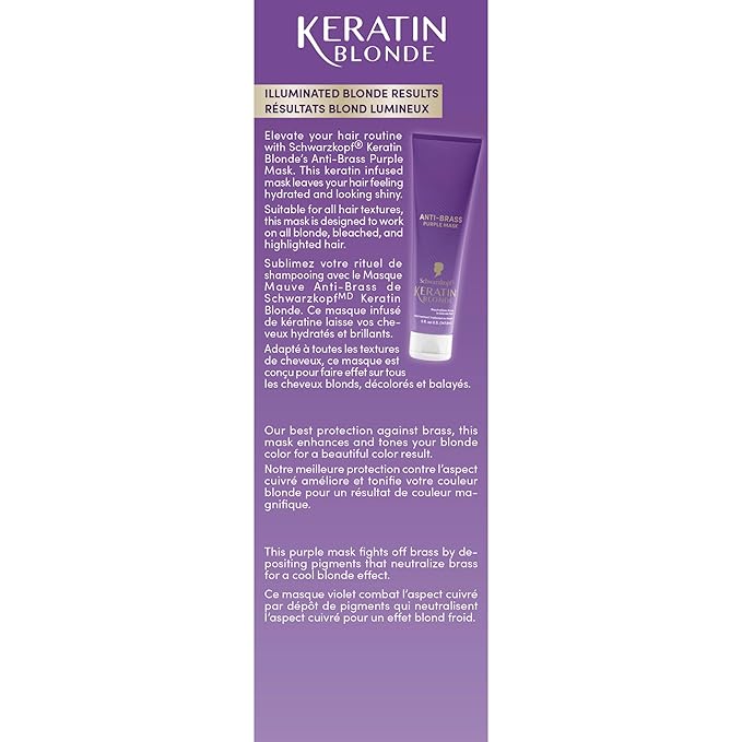 Schwarzkopf Keratin Blonde Anti Brass Purple Mask, 1 Application - Hair Dye Treatment Neutralizes Brassiness and Yellow Undertones, Hair Mask Strengthens Hair, Making it 3x Stronger
