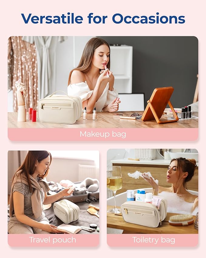 BAGSMART Travel Makeup Bag, Portable Make Up Bag, Wide-open Makeup Organizer Cosmetic Bags for Women for Travel Essentials Travel-Size Toiletries Accessories Bottles, Brushes (Beige)