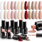 MEFA Nude Gel Nail Polish Set, 12 Colors Champagne Gold Glitter Gel Polish Set Shimmer Nude Pink natural Nail Polish Soak Off Burgundy Dark Red Brown Gifts for Women Girl DIY Salon Home Manicure
