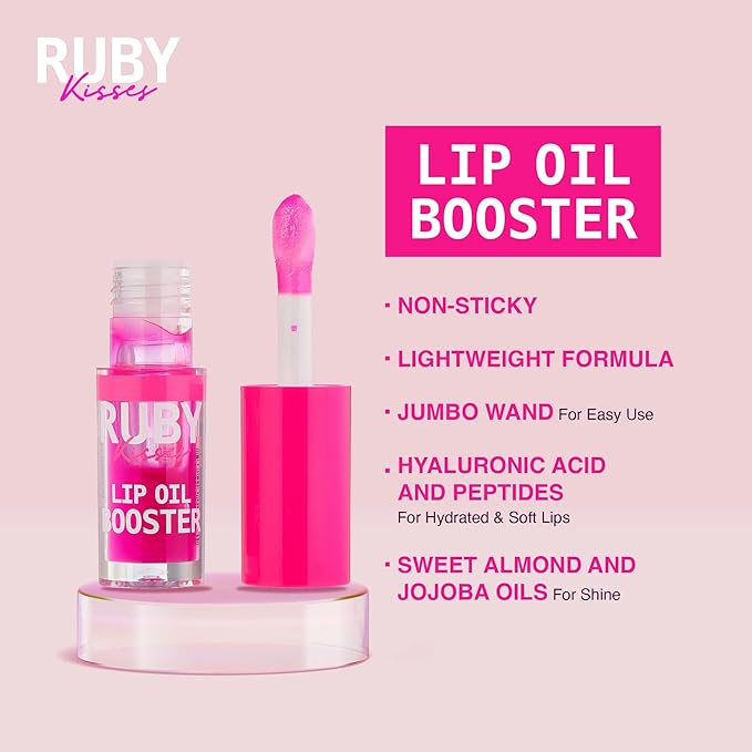 Ruby Kisses Lip Oil Booster, Hydrating Lip Gloss with Nourishing Natural Oil Blend, Jumbo Wand for Easy Application, Non-Sticky Formula