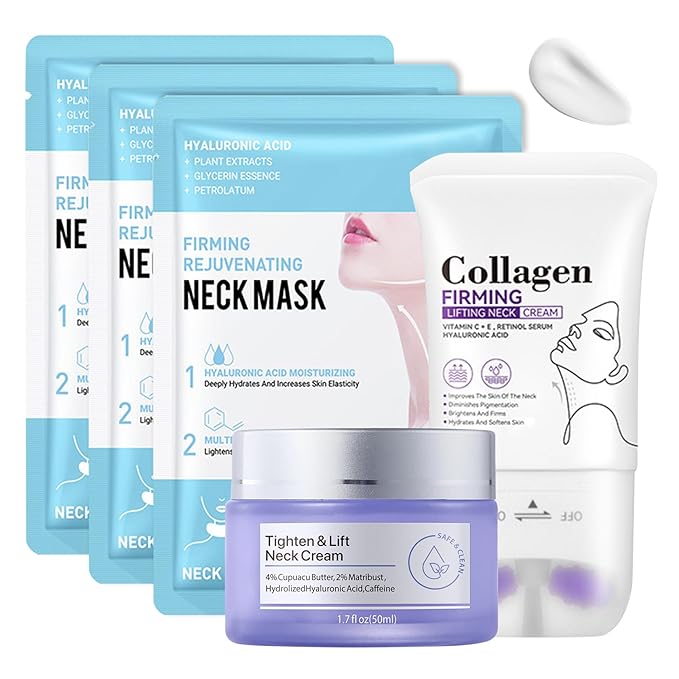 2PCS Neck Firming Cream and Neck Mask Set,Non-greasy Tighten Lift Firming Face Cream Skincare Moisturizer, 3 Pieces Deep Moisturizing Masks for Tightening, All Skin Type, 5 Pack