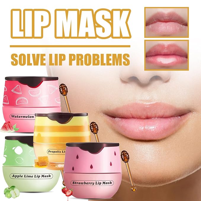 4 Pcs Honey Lip Balm, Strawberry Apple Watermelon Lip Mask, Moisturizing Lip Sleeping Mask, Hydrate Repair Prevent Dry Cracked Lip (Honey+Strawberry+Apple Lime+Watermelon)