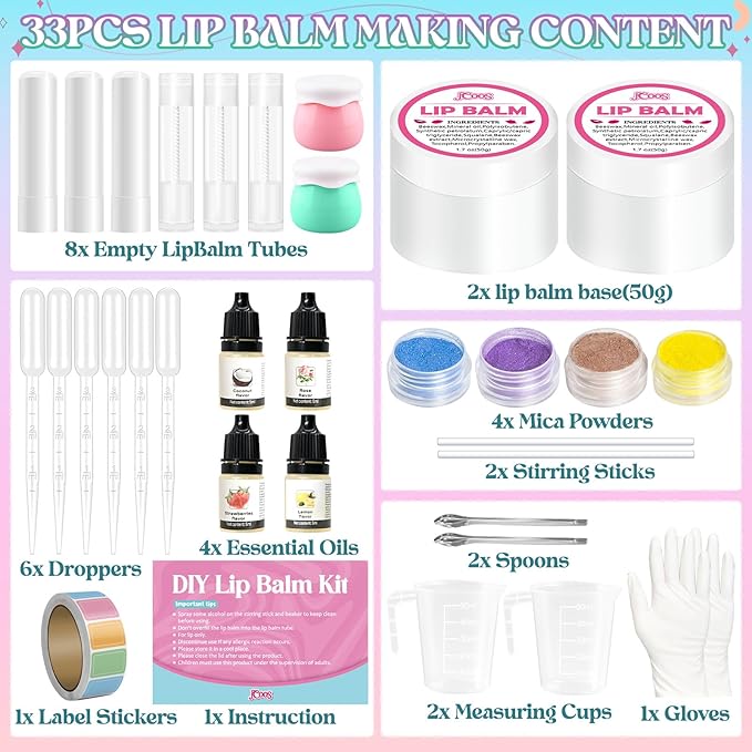 JCOOS Lip Gloss Making Kit, Lip Gloss Set for Teens Lip Kit Fun DIY Lipgloss Making Kit, Diy Lip Balm Kit Make Your Own Lip Gloss Making Kit, Moisturizing Lip Balm Base, Natural Beeswax, Lip Balm