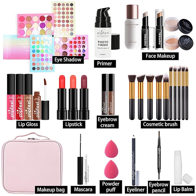 All-in-one Makeup Set Holiday Gift | Full Makeup Kit for Women Essential Starter Bundle Include Eyeshadow Palette Lipstick Blush Cream Concealer Face Powder Eyeliner Mascara Lipgloss Brush