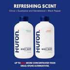 Huron Men’s Moisturizing Body Wash - Clean & Woody Scent of Sandalwood, Black Pepper, Cedarwood, & Amber - Made With Coconut Oil, Vitamin E & Witch Hazel - Vegan, Cruelty-Free - 12.2 fl oz