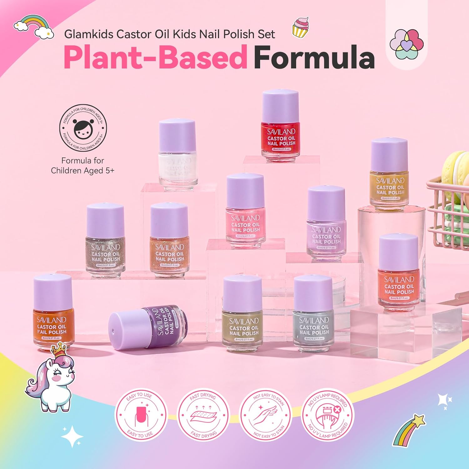 SAVILAND Glamkids Kids Nail Polish Set: 12 Colors Quick Dry Non-Toxic Nail Polish for Toddler, Water Based Peel-Off Fingernail Polish Safe Nail Art Kit with Sticker for Girls & Boys Ages 5-12 Manicure