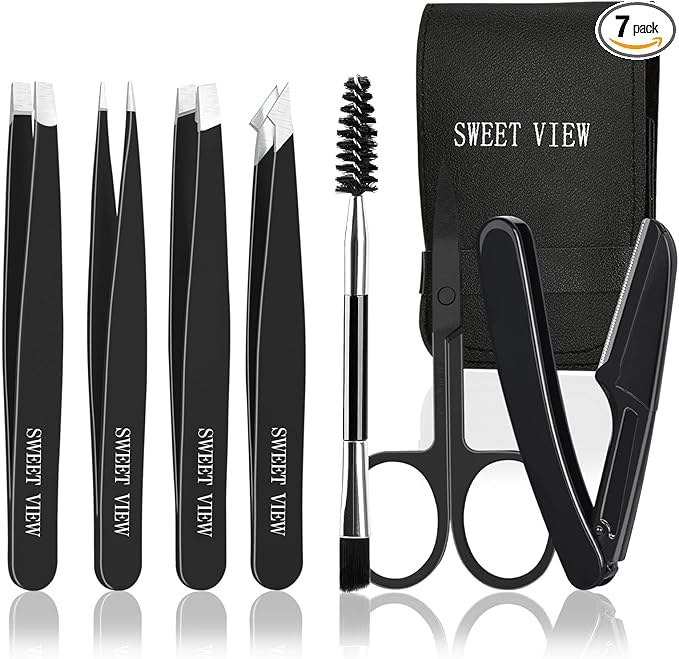 7pcs Eyebrow Tweezers Kit for Women Precision Plucker with Brow Scissors & Razor & Spoolie for Facial, Chin, Brow, Splinter and Ingrown Hair