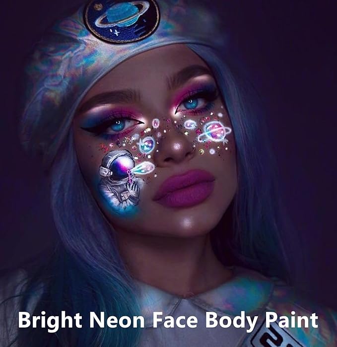 Go Ho Neon White Body Paint Washable(2.37oz,70ml),under UV Blacklight Neon Face Paint,Water Based Neon Fluorescent White Face Paint for Adults Children SFX Cosplay Costumes Festivals Halloween Makeup