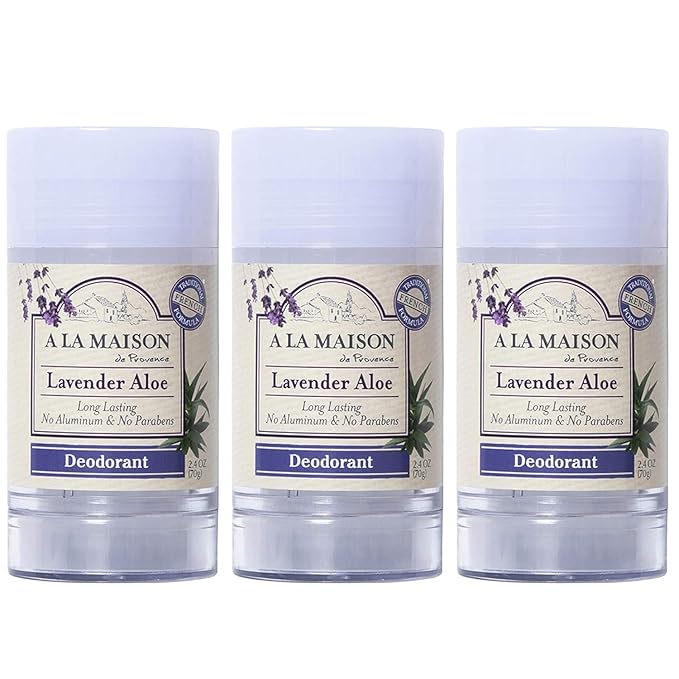 A La Maison de Provence Natural Aluminum-Free Deodorant Traditional French Milled Formula | Long Lasting Safe and Effective | Free of SLS, Parabens and Sulfates (3 x 2.4 oz, Lavender Aloe)