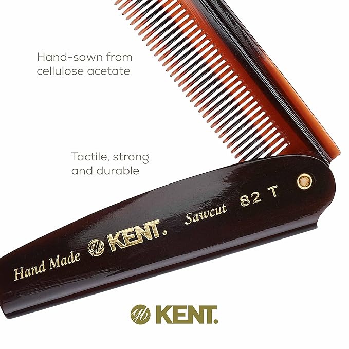 Kent 82T 4" Handmade Folding Pocket Comb for Men, Fine Tooth Hair Comb Straightener for Everyday Grooming Styling Hair, Beard or Mustache, Use Dry or with Balms, Saw Cut Hand Polished, Made in England