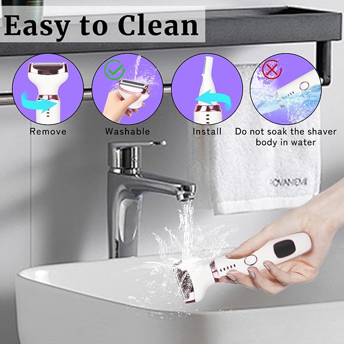 Electric Razor for Women Men,4 in 1 Painless Ladies Wet & Dry Body Razors and Facial Hair Remover,Rechargeable Led Display Hair Removal Kit for Nose Face Body Leg Bikini Arm Hair (White)