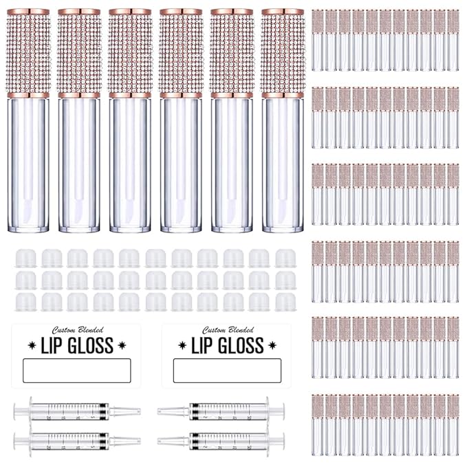 AMORIX 72 Pack 5ml Crystal Rhinestone Lip Gloss Tubes with Wand 5ml Empty Lip Gloss Containers Lipgloss Bottles with Stoppers 4pcs Syringes + Labels for DIY Lip Gloss Balm