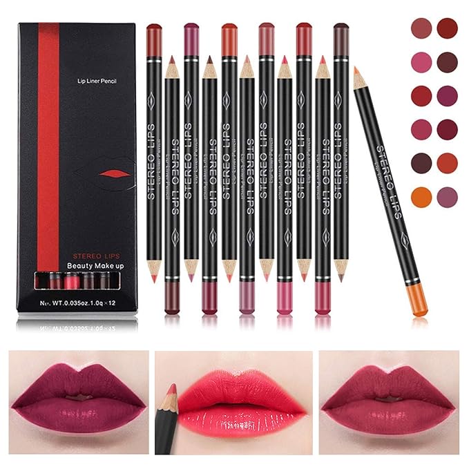 Natural Lip Liner Lipstick Pencils, 12 Colors, Waterproof, Long Lasting, Easy to Apply & Remove, 12 PCS Lip Liner set