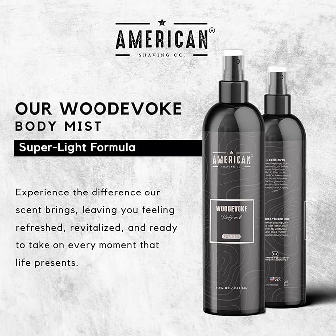 Woodevoke Body Mist For Men 8 oz, Made in USA, Quick Absorption, Quality Potent Ingredients, Long-Lasting, Non-GMO, GMP Certified, Cruelty-Free Products