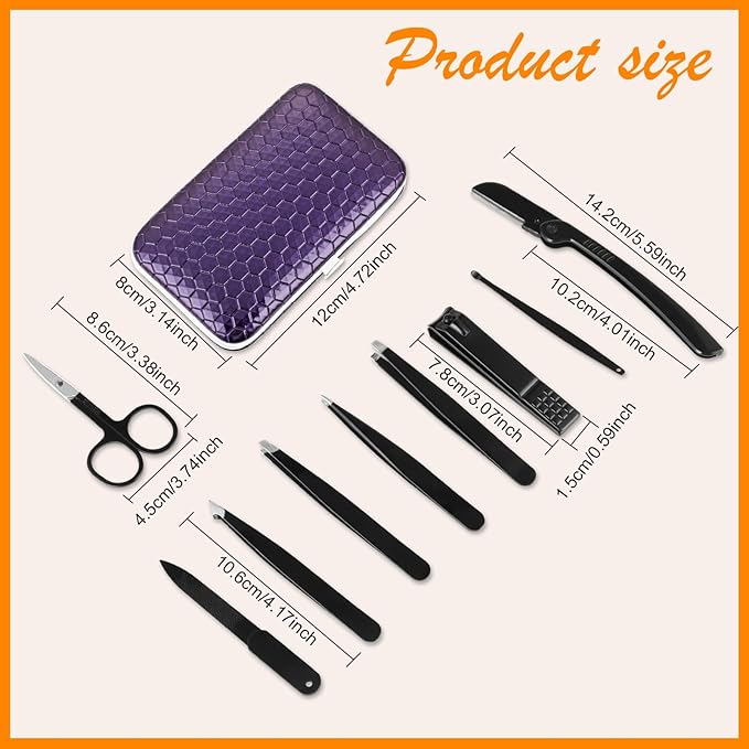 Yougai Tweezers Set,9 Pcs Professional Stainless Steel Eyeberow Tweezer Kit for Women and Men, Great Precision Tweezers No Gaps with Leather Travel Case