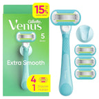 Gillette Venus Extra Smooth Razor for Women, Includes 1 Reusable Razor Handle + 4 Refills, 5-Bladed, Ergonomic No-Slip Gel Handle and Shower Holder