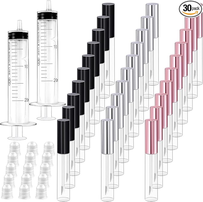 Bercoor 30 Pack Lip Gloss Tube, 10ml Empty Refillable Lip Balm Bottle Clear Plastic Lip Gloss Container with Rubber Stoppers for DIY Makeup, Personal Cosmetic, Black, Sliver and Pink