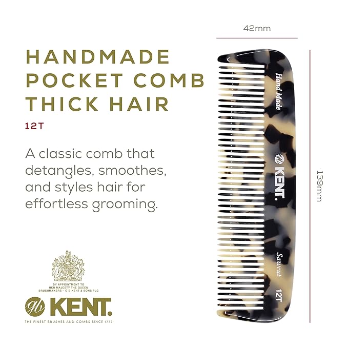 Kent 12T TW Wide Tooth Detangling Comb - 5.5" Handmade Pocket Comb for Thick, Curly, and Wavy Hair, Large Tooth Grooming Comb for Hair, Beard, and Mustache - Saw-Cut and Hand Polished