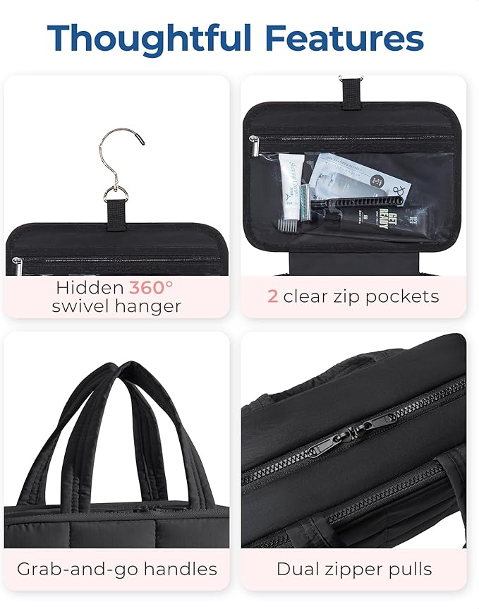 BAGSMART Travel Toiletry Bag with Jewelry Organizer, Hanging Travel Bag for Toiletries, Puffy Makeup Cosmetic Bag Organizer, Carry-on Travel Accessories Essentials, Black-L