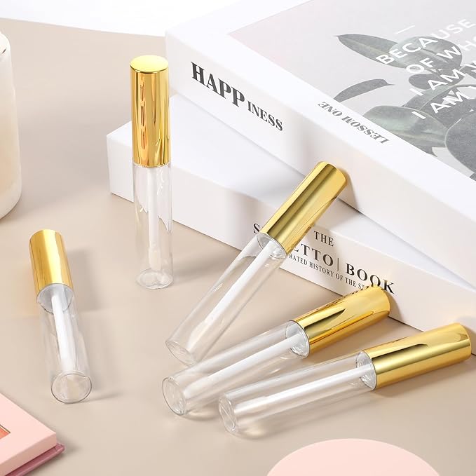 5 Pcs Empty Lip Gloss Tubes, Clear Plastic Gloss Container with Wand Refillable Lip Balm Bottle 10ml Lip Gloss Container for Lipstick Samples, Lip Balms(Gold Tube Cap)