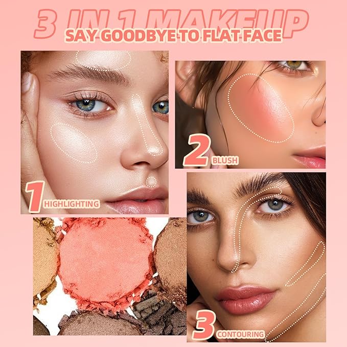 3 in 1 Contour Highlighter Blush Makeup Palette Kit, Matte Shimmer 3 Colors Highlighting Bronzing Blusher Eyeshadow Pallet, Long Lasting Full Face Eyes Contouring Shaping Makeup Set with Mirror