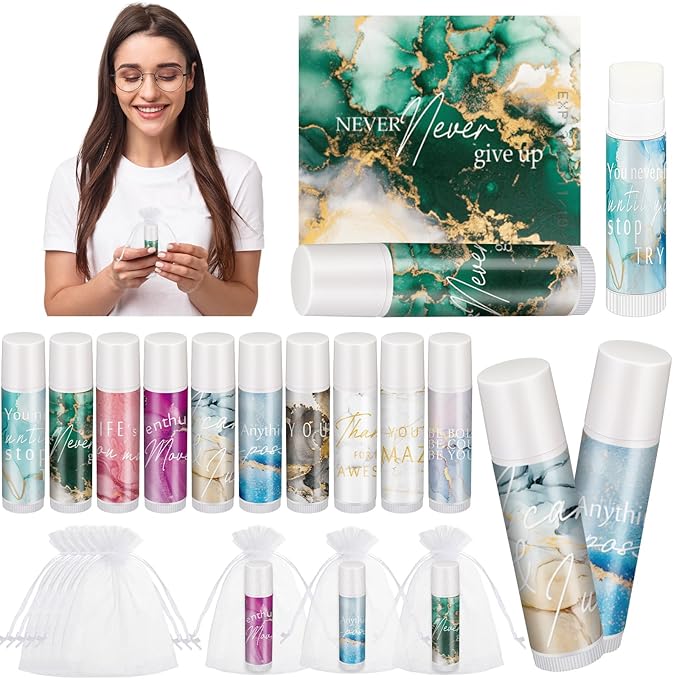50 Sets Inspirational Lip Balm Gifts Moisturizing Lip Balm Bulk Thank You Lipstick for Guest 5 Flavors Marble Style Lip Balm with Organza Bags for Family Reunion Favor Women Stocking Gift Stuffers