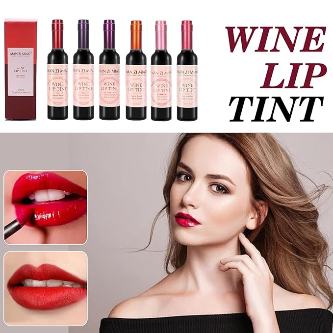Wine Lip Tint 6 Colors Bottle Lipgloss Stain Waterproof Long Lasting Natural Liquid Lipstick Mini Make Up Gloss Matte Sticks Makeup Set Plumper Red Pack Set Wine 24 Hour Set Non-stick Cup