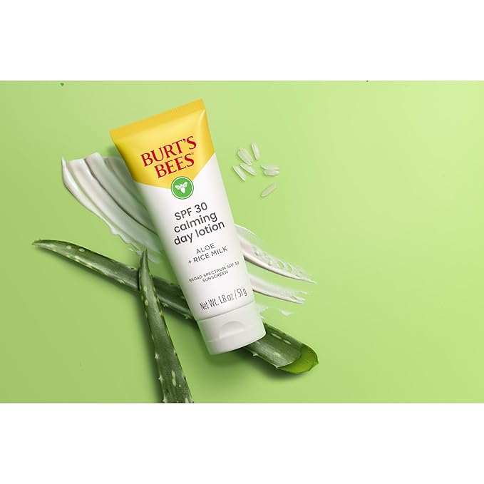 BURTS BEES SPF 30 Calming Day Face Lotion With Aloe and Rice Milk for Sensitive Skin, Sunscreen Face Lotion Soothes Redness and Irritation, 99.4 Percent Natural Origin Skin Care, 1.8 oz. Tube