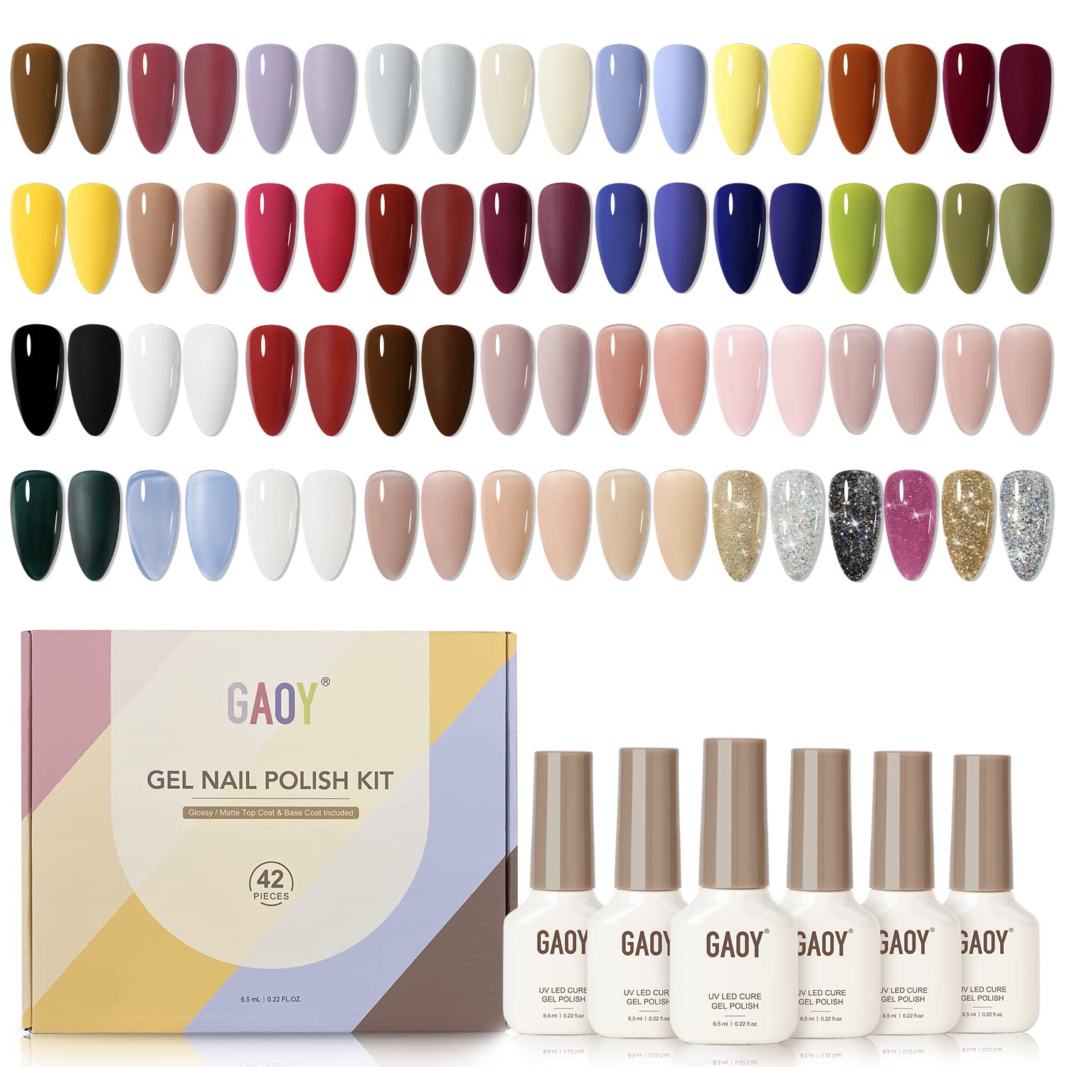GAOY 42 Pcs Gel Nail Polish Kit, Jelly Nude Glitter Navy Blue Colors All Seasons UV Gel Nail Polish Set with Glossy & Matte Top Coat and Base Coat for Salon and DIY Manicure at Home