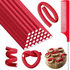Syhood 30 Pcs 7'' Flexible Curling Rods Twist Foam Hair Rollers Soft Foam No Heat Hair Rods Rollers and 1 Steel Pintail Comb Rat Tail Comb for Women Long Short Hair(Red,7 x 0.3 Inch)