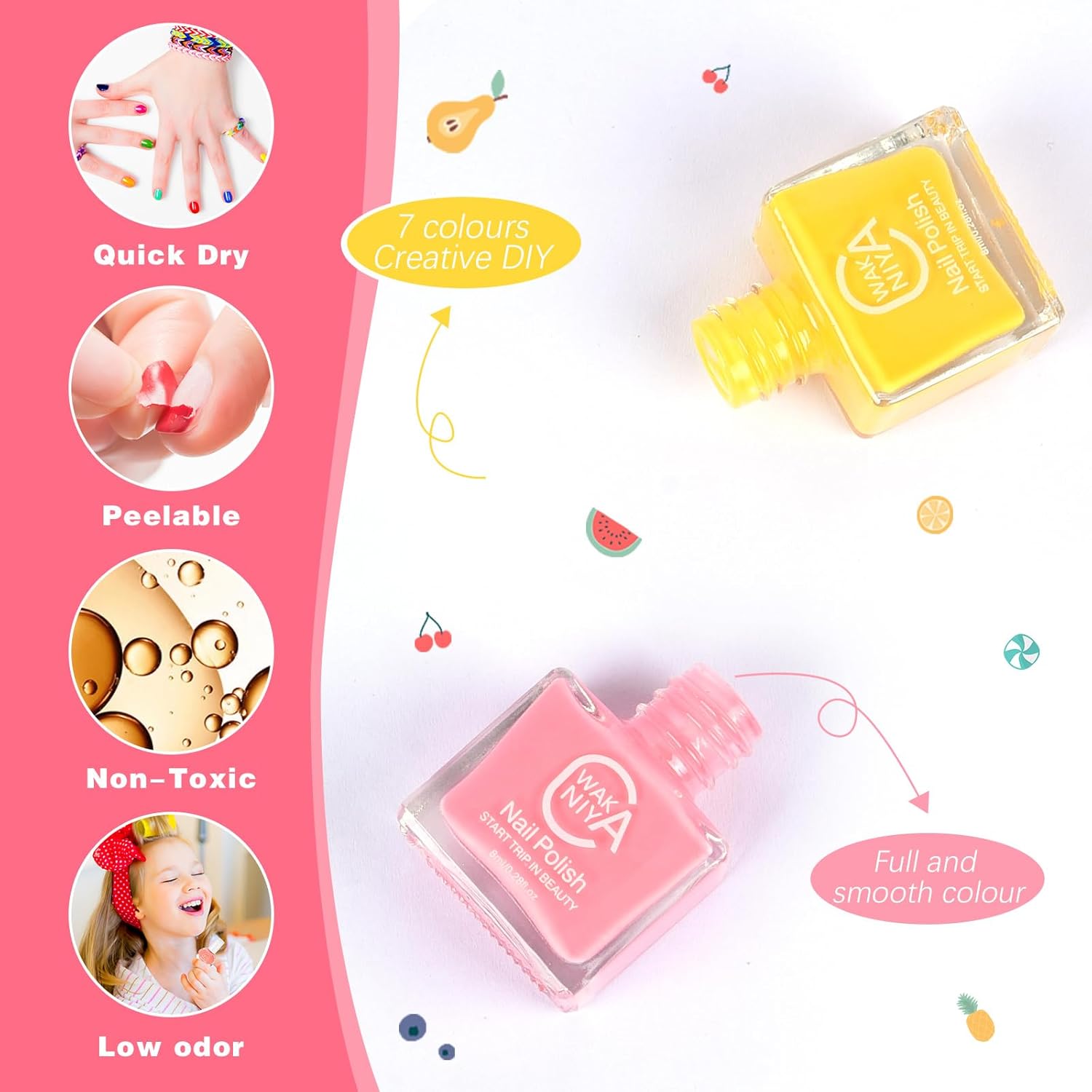 wakaniya Kids Non Toxic Nail Polish Set for Girls with Gems Nail Stickers, 7 Color Peel-Off Low Odor Nail Polish for Toddler