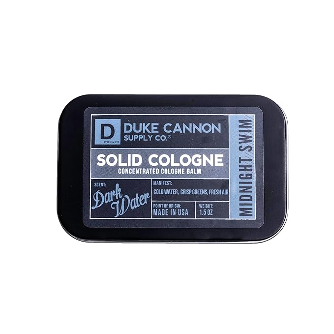 Duke Cannon Supply Co. Solid Cologne for Men Midnight Swim - Cold Water, Crisp Greens, Fresh Air - Concentrated Balm, Travel-Friendly Tin, 1.5 oz (1 unit)