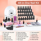 JODSONE 36 Pieces Easy to Apply Gel Nail Polish Kit with U V Light Base Coat Top Matte Glitter Gel Polish for Salon and Home Use