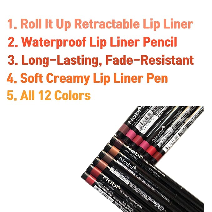 Beauty Spot 12 Colors Retractable Waterproof Lip Liner Set, Roll It Up Auto Lip Pencil, Long Lasting Fade Resistant