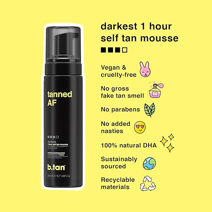 b.tan Dark Self Tanner Mousse | Get Tanned - Best, 1 Hour Express Sunless Tanning Foam, No Fake Tan Smell, Ultra Dark Bronzing Glow, Face & Body, Vegan, Cruelty Free, 6.7 Fl Oz