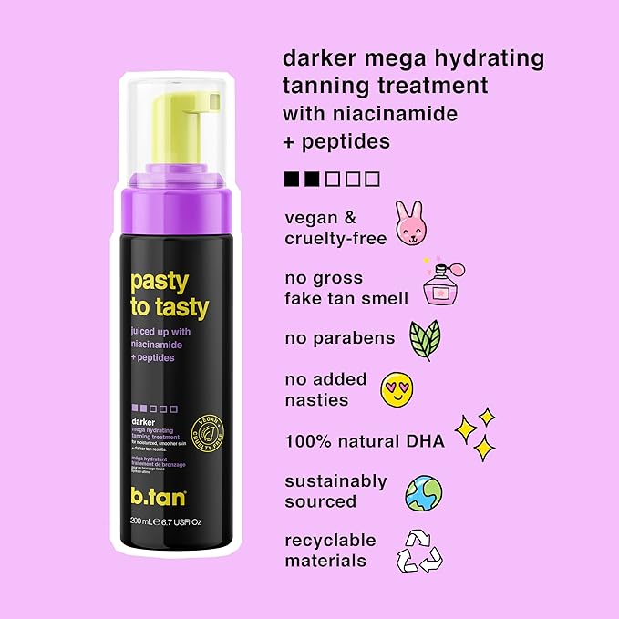 b.tan Dark Self Tanner Mousse | Pasty to Tasty -Best, 1 Hour Express, Hydrating Sunless Tanning Foam, Bronzed Glowy Skin, Face & Body, No Fake Tan Smell, 6.7 Fl Oz
