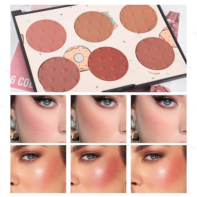 KYDA 6 Colors Blush Palette, Matte and Shimmer Blush Palette, Smooth Blendable Powder, Multiuse Blusher Makeup with Contour Highlighter-Set A